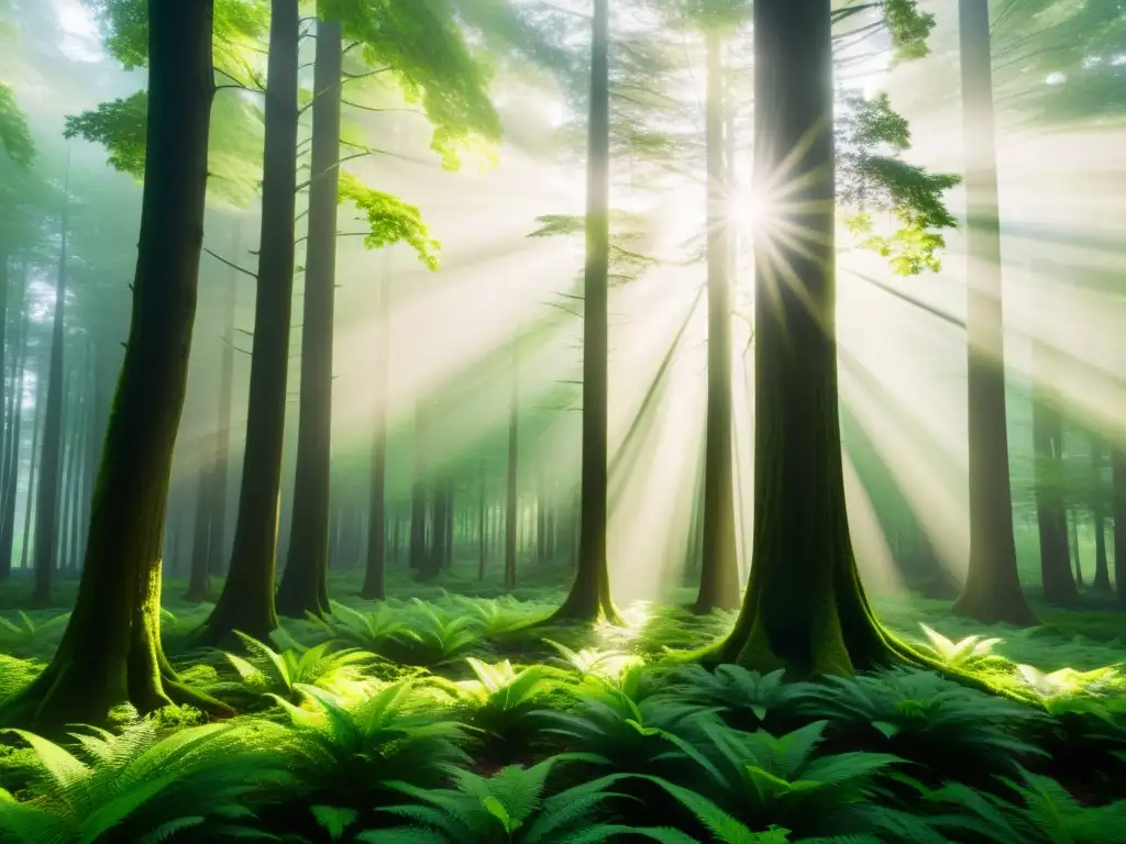 Un bosque exuberante con luz solar filtrándose a través del dosel, creando patrones de luz y sombra en el suelo