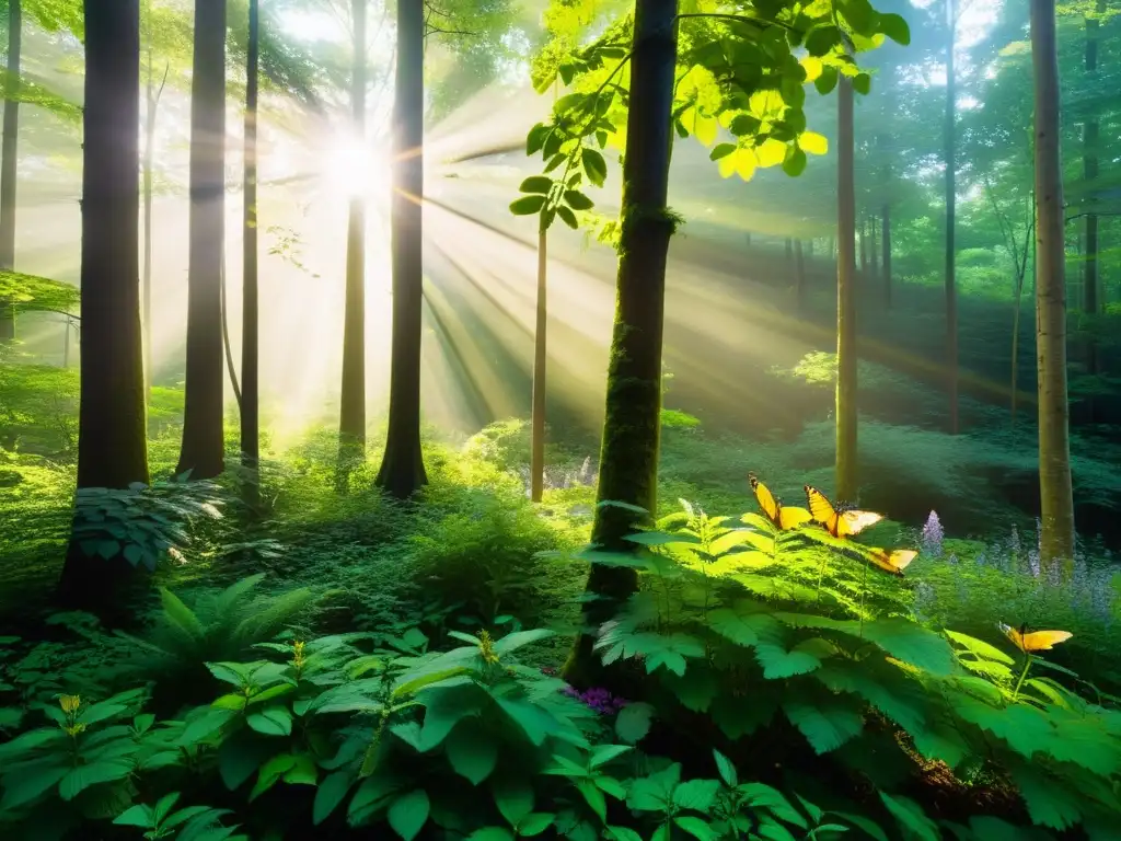 Un bosque exuberante con luz solar filtrándose a través del dosel, creando sombras moteadas