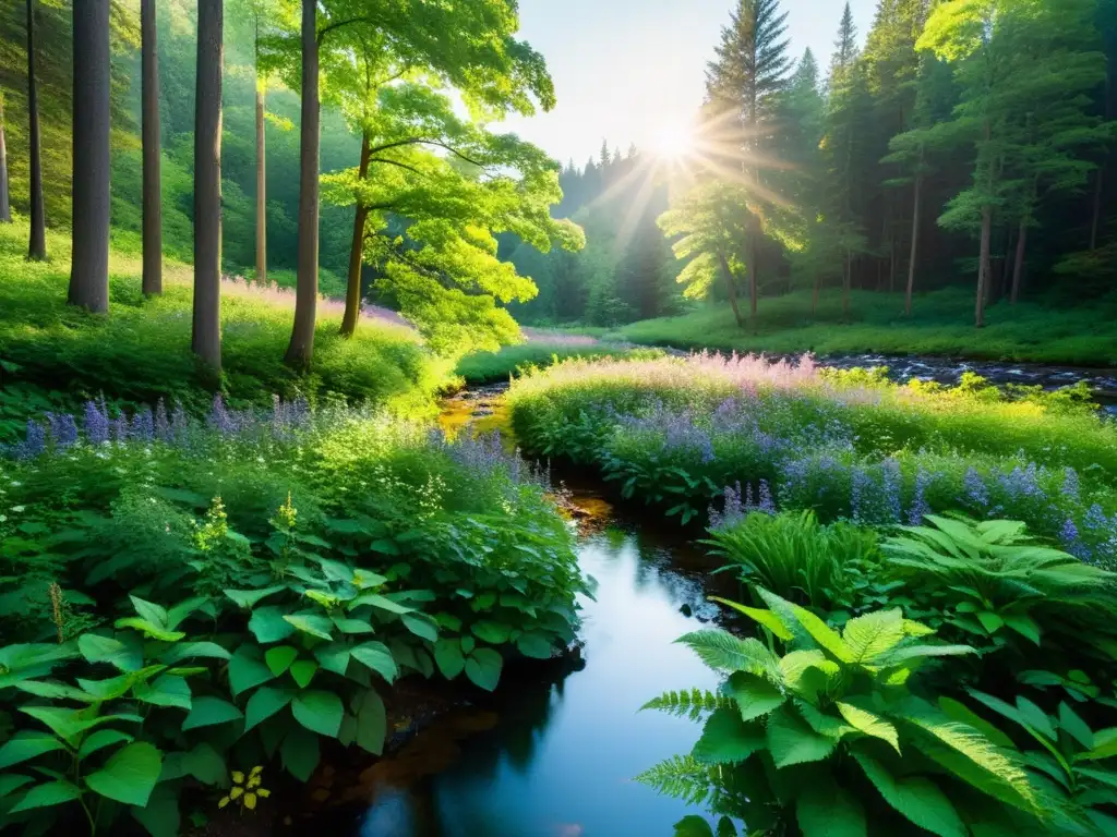 Un bosque exuberante con luz solar filtrándose entre las hojas, formando sombras moteadas en el suelo