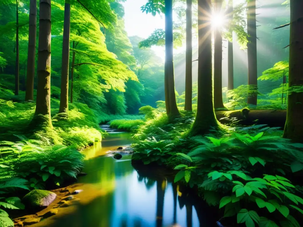 Bosque exuberante: refugio de tranquilidad Un bosque exuberante y vibrante, lleno de árboles imponentes y exuberante vegetación