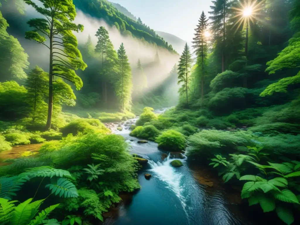 Un bosque prístino con una diversidad de vegetación, árboles majestuosos y un arroyo sereno