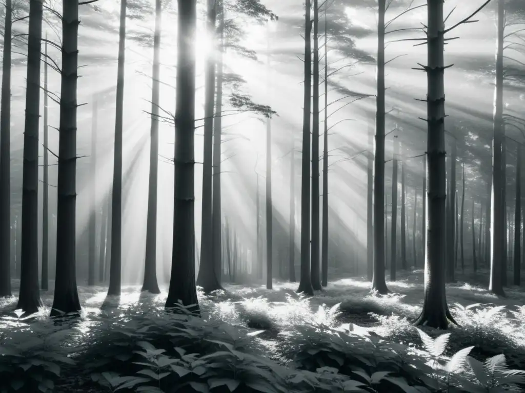 Un bosque sereno en blanco y negro, con árboles altos y delicada vegetación