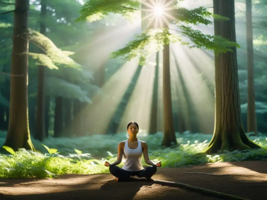 Meditación en el bosque: Un solo individuo en conexión espiritual con la naturaleza