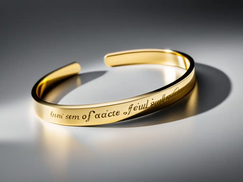 Un brazalete de oro delicado con versos poéticos grabados en letra elegante