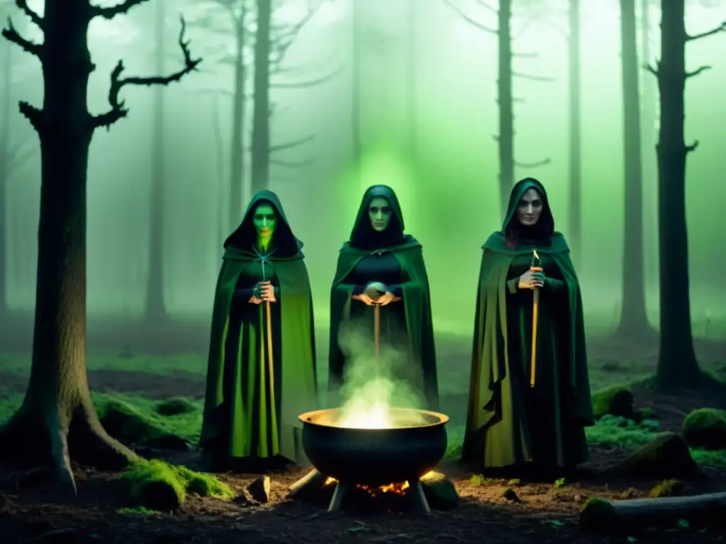 Tres brujas en un bosque oscuro con una caldera y luz verde, representación brujería sobrenatural Macbeth