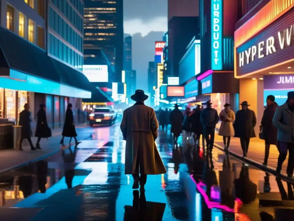 En una bulliciosa calle de la ciudad nocturna, un misterioso personaje camina entre rascacielos iluminados por luces de neón