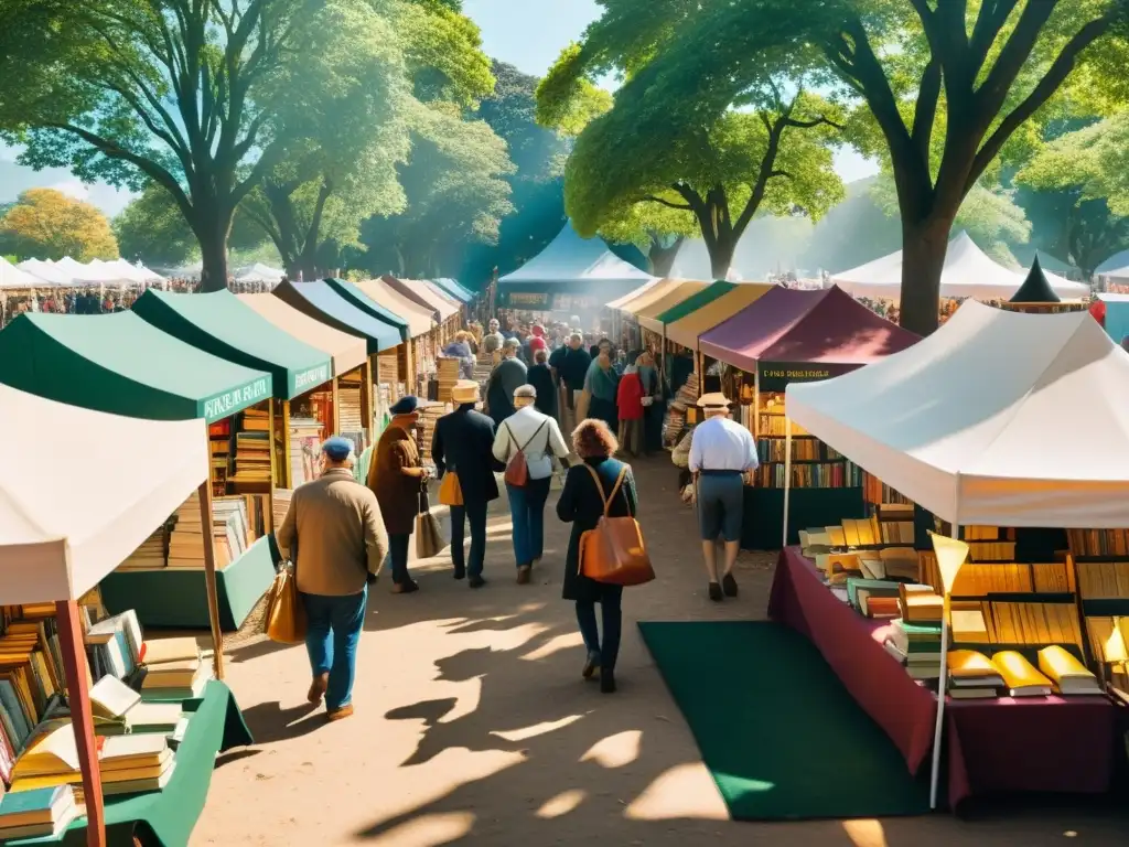 Una bulliciosa Feria del Libro Antiguo y de Ocasión Historias, con visitantes disfrutando de la atmósfera literaria bajo el sol y los árboles