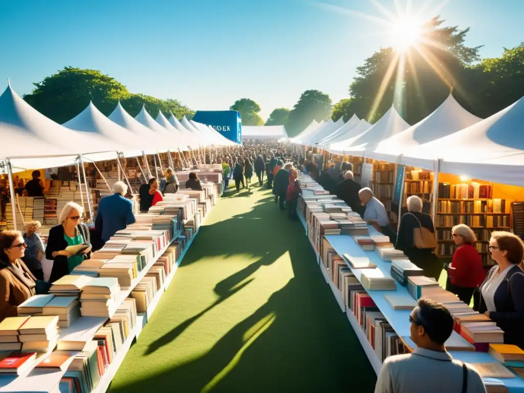 Una bulliciosa feria de libros independientes con una diversa multitud explorando títulos