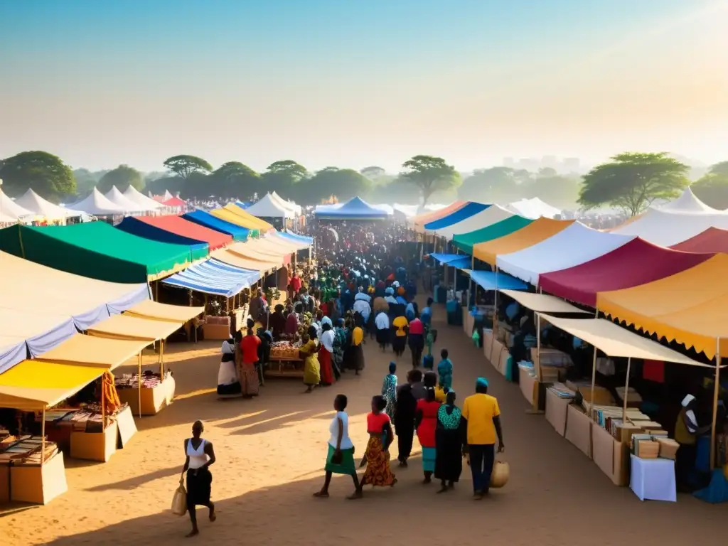 Un bullicioso mercado al aire libre en el Festival Aké, con puestos coloridos vendiendo libros, textiles africanos y artesanías