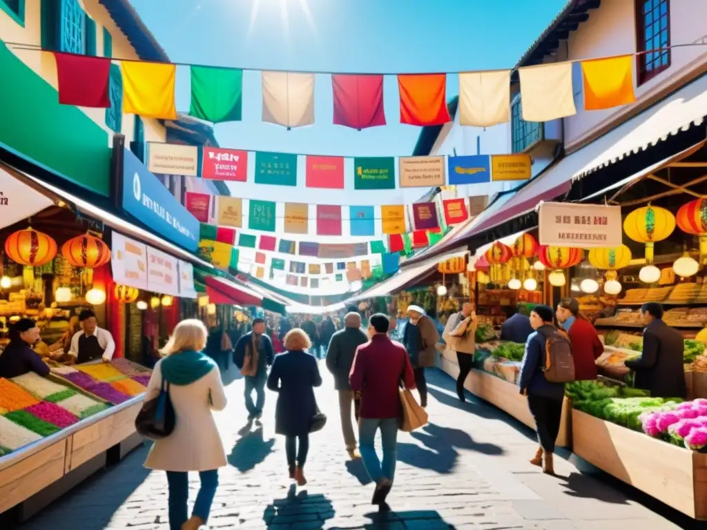 En un bullicioso mercado de una ciudad multicultural, la riqueza de idiomas y culturas se entrelaza