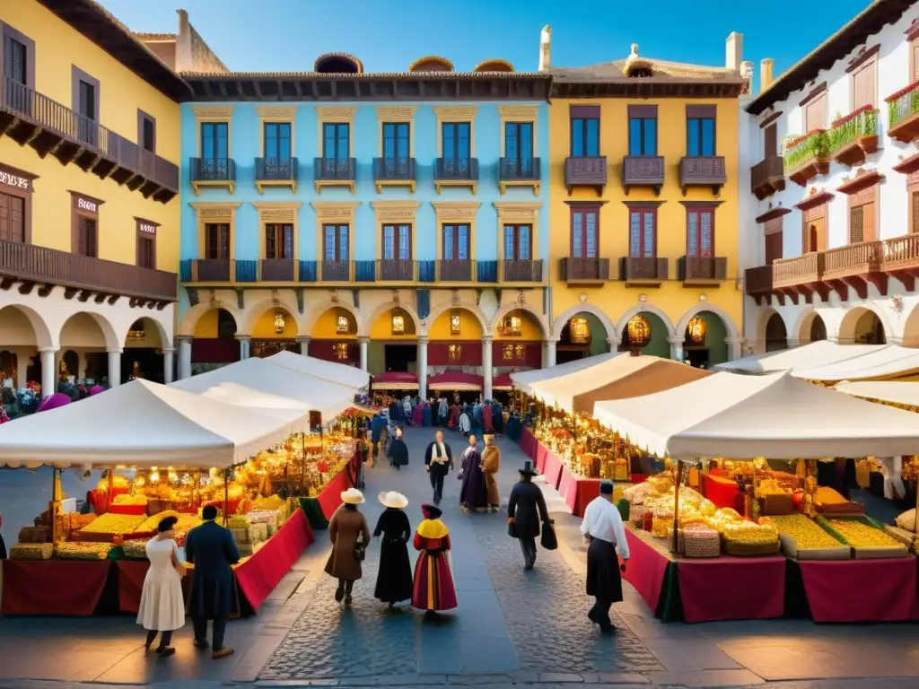 En el bullicioso mercado del siglo XIX, los mercaderes y clientes visten atuendos detallados mientras realizan sus actividades