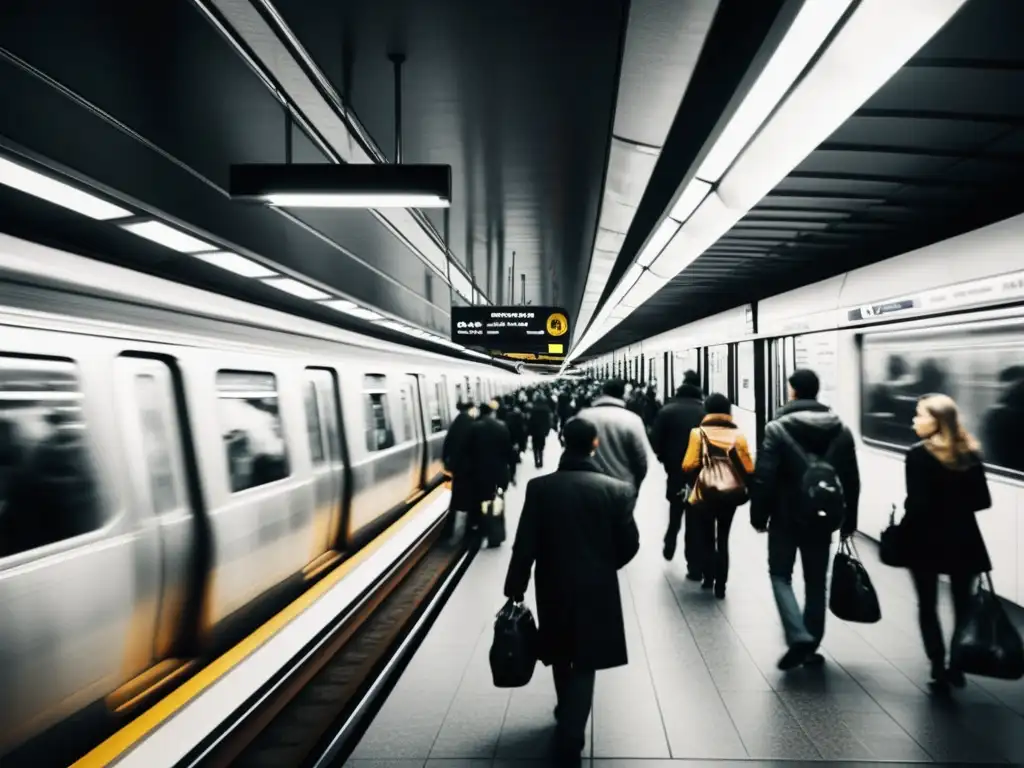 Un bullicioso andén de metro en blanco y negro captura la energía frenética de la ciudad