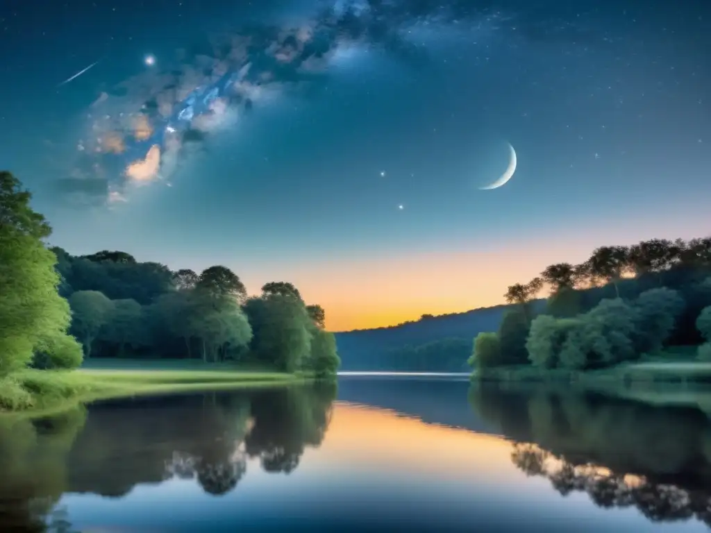 Búsqueda espiritual en versos místicos: Un paisaje sereno bajo la luz de la luna, con una figura contemplativa junto al lago estrellado