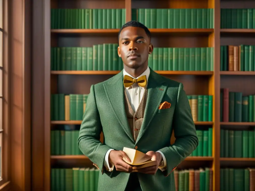 Un caballero con traje de tweed y corbata verde frente a una estantería de libros de cuero