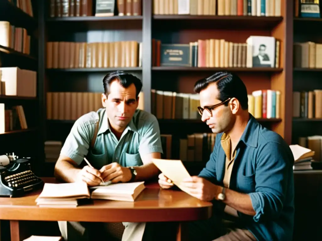 Jack Kerouac y Allen Ginsberg crean en un café, rodeados de libros y papeles