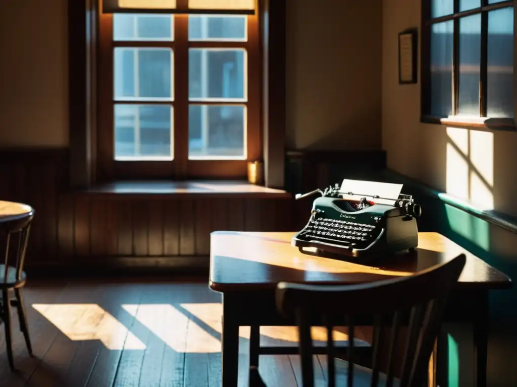 Un café tenue con una mesa junto a la ventana, una máquina de escribir vintage, una taza de café humeante y una pila de libros gastados