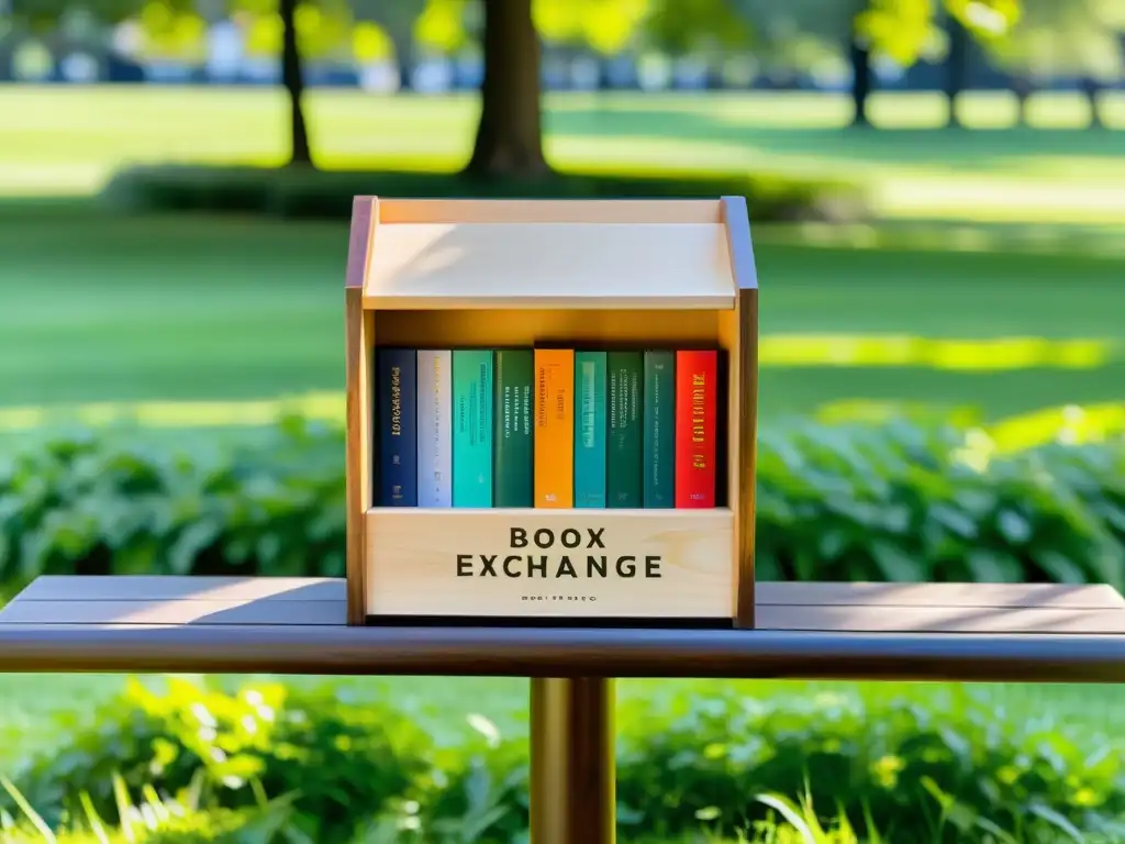 Una caja de intercambio de libros minimalista y acogedora en un parque sereno