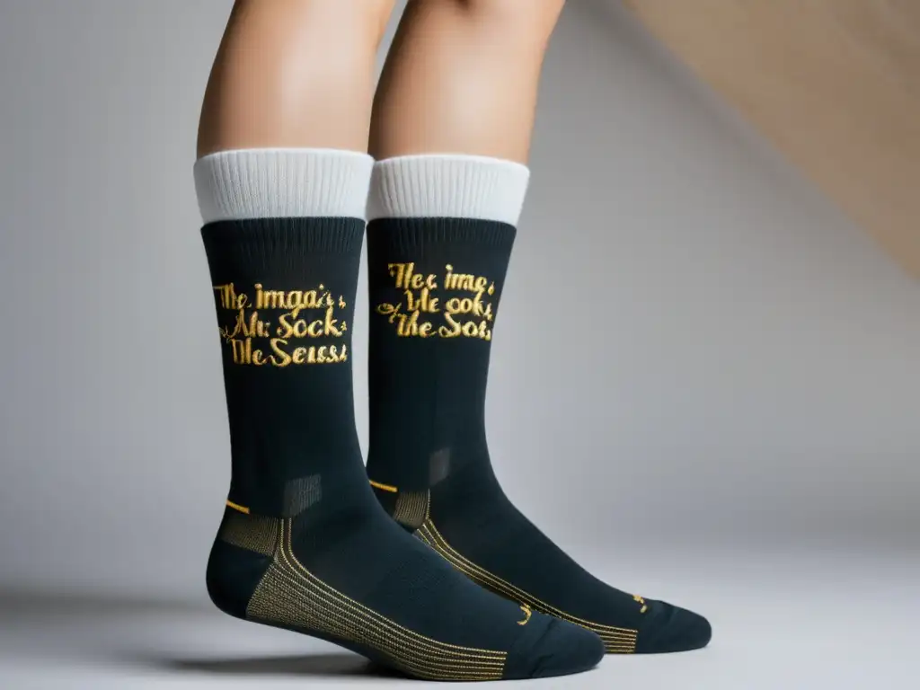 Calcetines con mensaje literario: Par de calcetines negros con cita literaria bordada en elegante oro, sobre fondo blanco iluminado suavemente