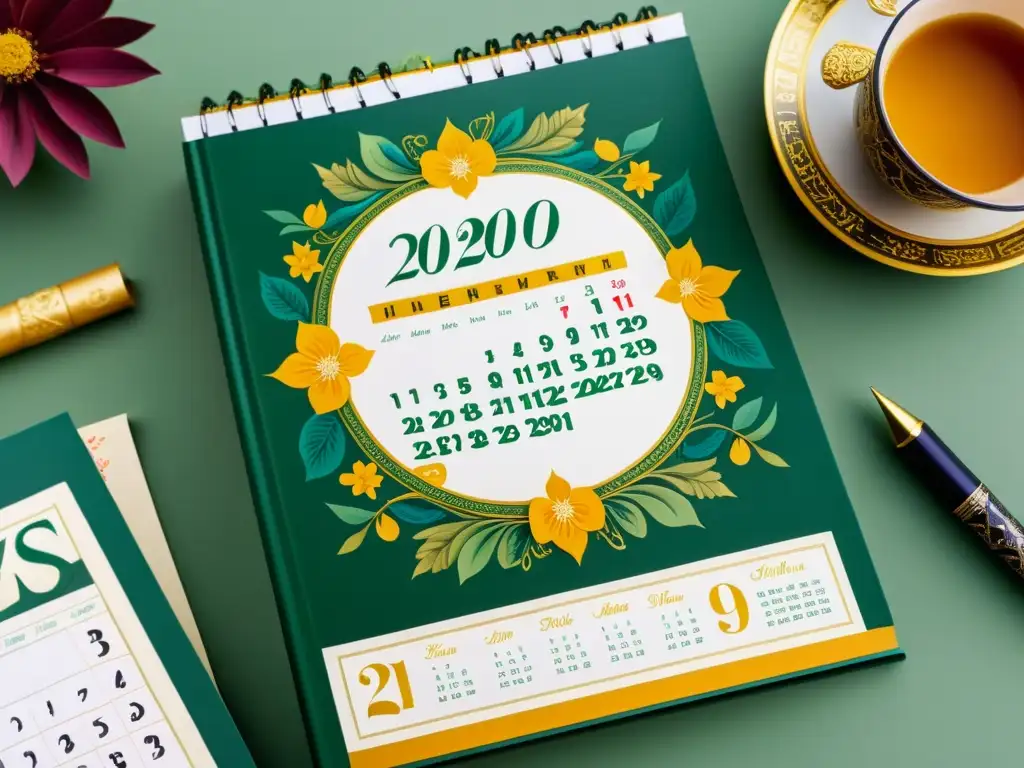 Un calendario de concursos literarios anuales detallado y ornamental, con diseños e ilustraciones vibrantes que representan la esencia literaria