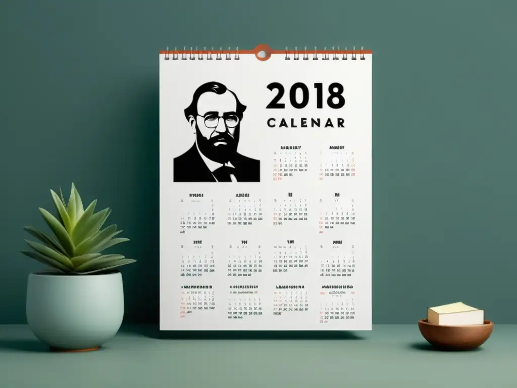 Calendarios literarios para escritores: Imagen de un refinado calendario con autores clásicos integrados en un diseño elegante y minimalista