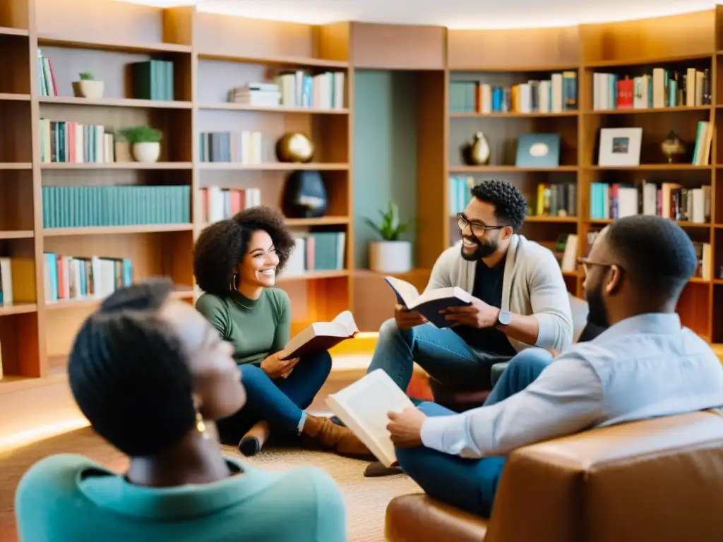 Un cálido club de lectura: diversidad, conexión y pasión por los libros en una acogedora sala iluminada