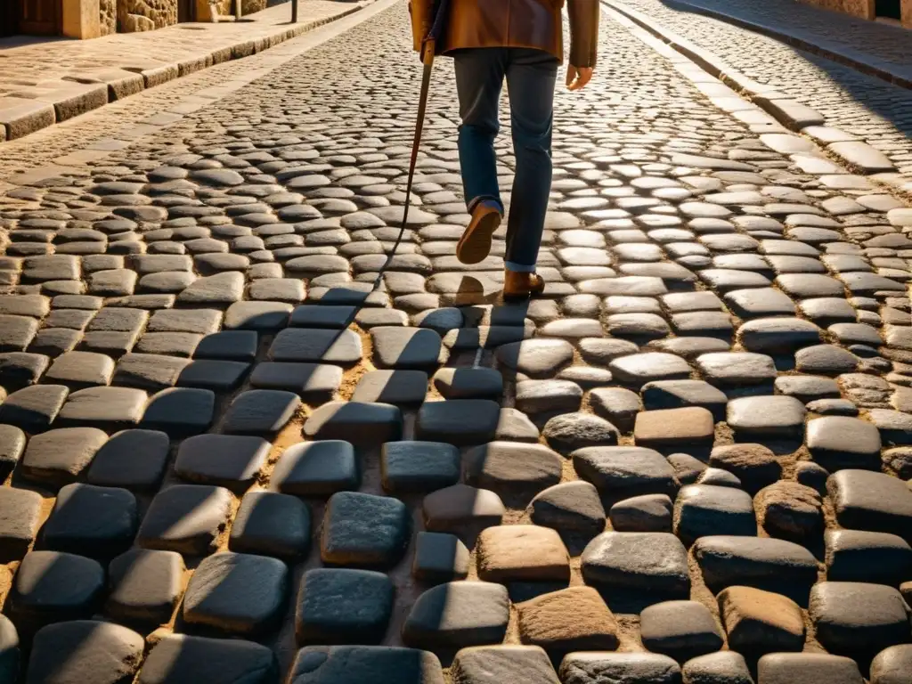 Una calle empedrada desgastada con sombras alargadas bajo el sol, reflejando la esencia del nuevo realismo literatura española