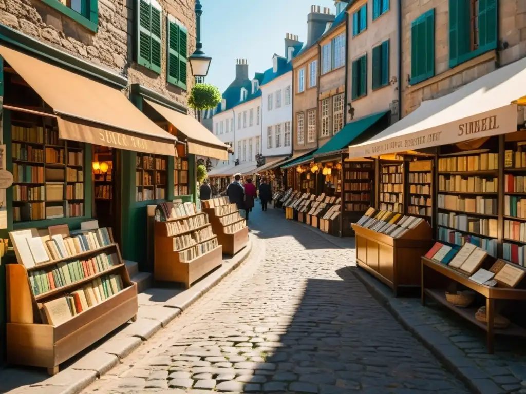 Una calle empedrada iluminada por el sol, llena de puestos de libros antiguos