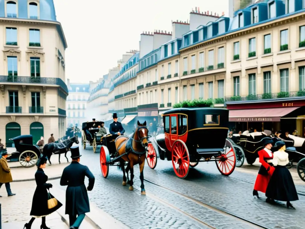 Una calle parisina del siglo XIX bulliciosa, con gente, carruajes de caballos, calles empedradas y arquitectura de la época