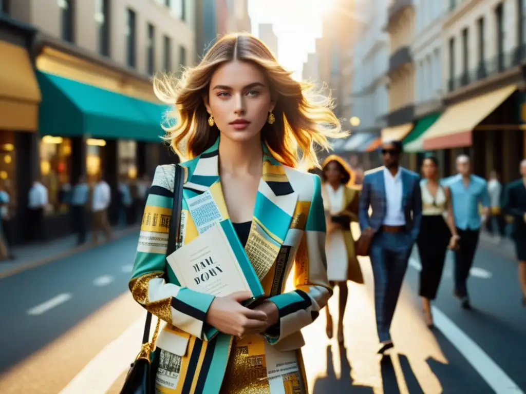 Una calle urbana llena de moda con estampados de libros en ropa, reflejando la influencia literaria en el estilo contemporáneo