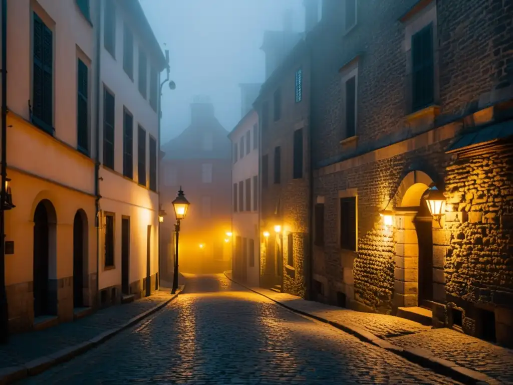 Un callejón empedrado con neblina entre edificios antiguos, iluminado por farolas