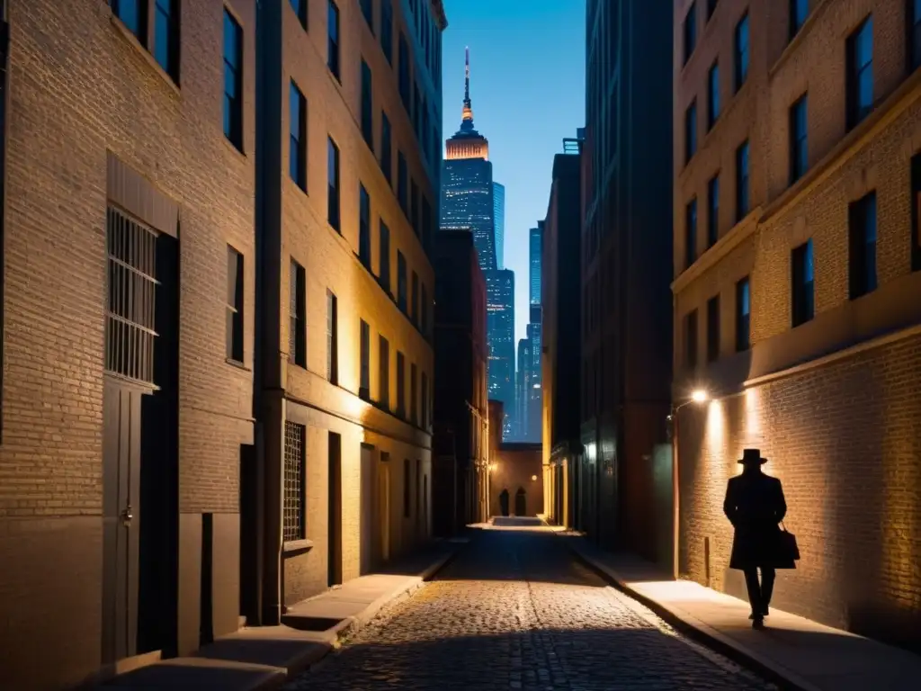 Un callejón nocturno de la ciudad con rascacielos que proyectan sombras sobre el adoquinado desierto