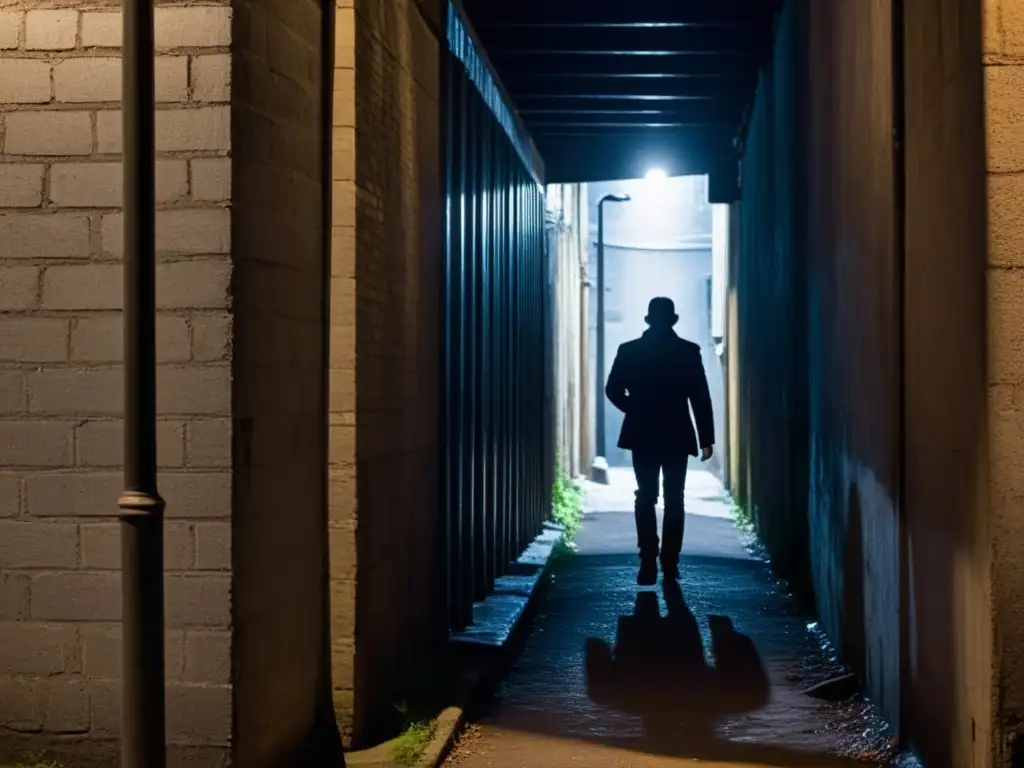 En un callejón oscuro, una figura solitaria se desliza en las sombras, sosteniendo un cuchillo