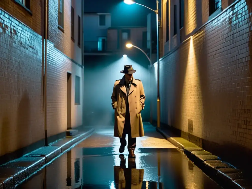 En un callejón oscuro de noche, una figura en gabardina y sombrero fuma un cigarrillo bajo la luz de una farola