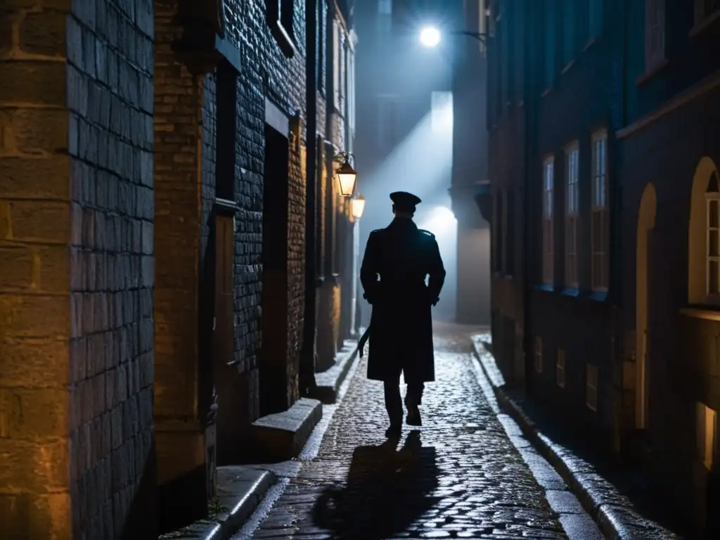 Un callejón oscuro de noche, con la luz de una farola creando largas sombras en el suelo empedrado