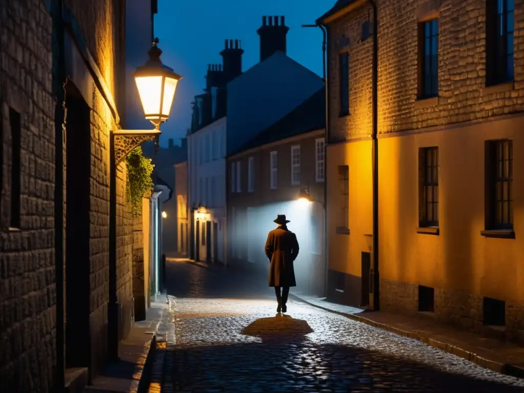 Un callejón oscuro con sombras misteriosas, una figura solitaria bajo una farola titilante, rodeada de edificios antiguos