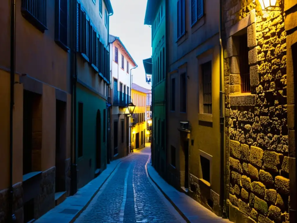 Alleyway misterioso en Gijón, España Un callejón sombrío en Gijón, España, con edificios antiguos y una luz tenue
