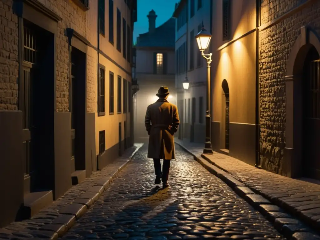 Un callejón sombrío iluminado por una solitaria farola, donde una figura se aleja, su sombra se alarga