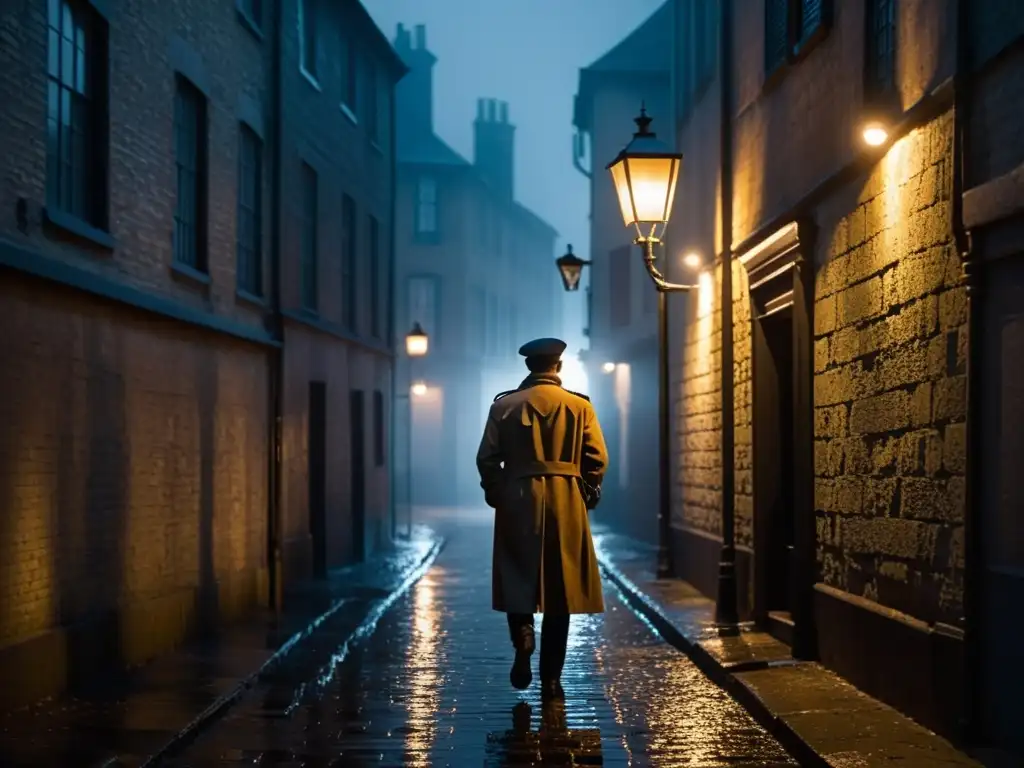 Un callejón sombrío y misterioso de noche, iluminado por una única farola que proyecta una luz ominosa sobre el suelo empedrado húmedo