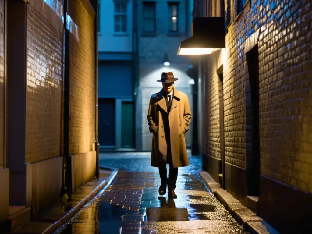 Un callejón sombrío de noche, iluminado por una solitaria farola que proyecta una misteriosa sombra