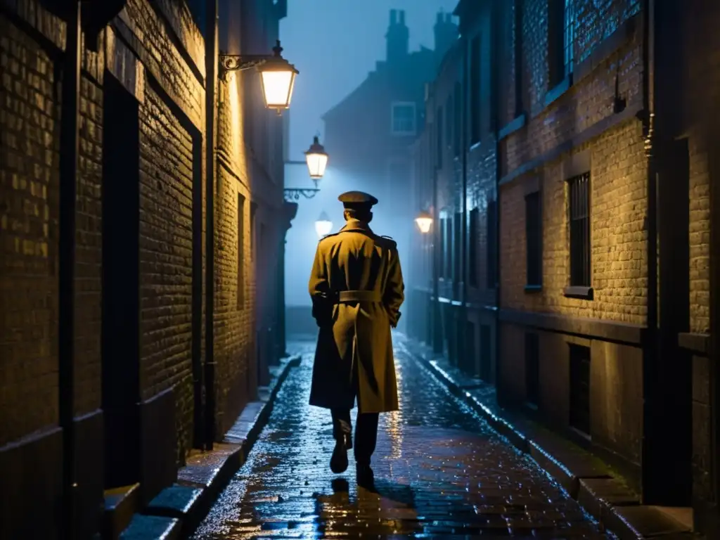 Alleyway misterioso: figura en la penumbra Un callejón sombrío de noche con una luz de farola proyectando largas sombras