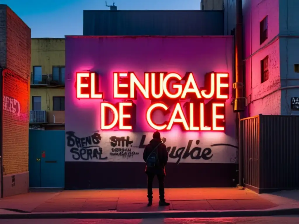 Un callejón urbano al atardecer con luces de neón, graffiti y una figura solitaria