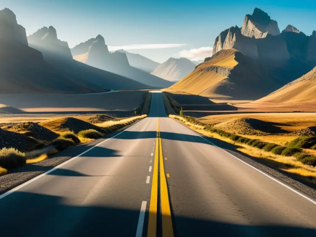 Un camino serpenteante se pierde en el horizonte entre montañas imponentes y cielos vastos, evocando la metáfora del viaje en 'En el camino'