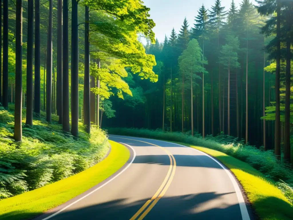 Un camino serpenteante a través de un exuberante bosque, bañado por la luz del sol