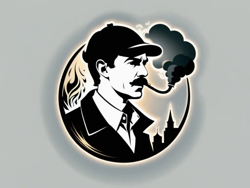 Camiseta blanca con ilustración de Sherlock Holmes en línea negra, humo y lupa