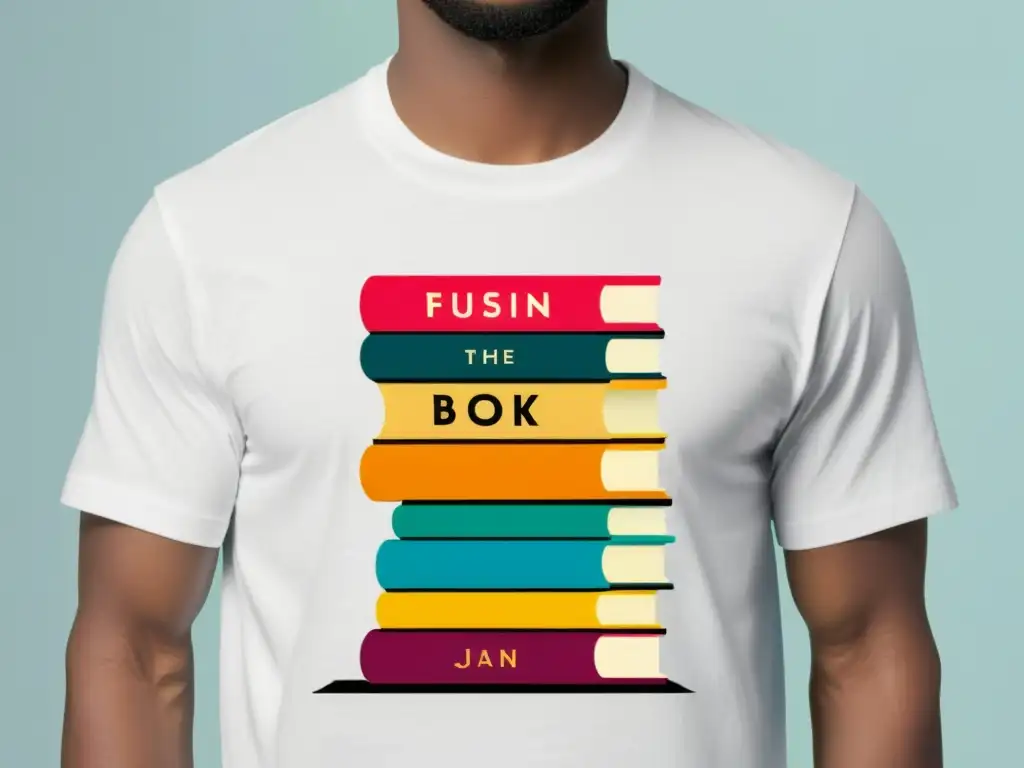 Una camiseta blanca minimalista con estampados de libros en ropa, apilados de forma artística y colorida, fusionando literatura y moda