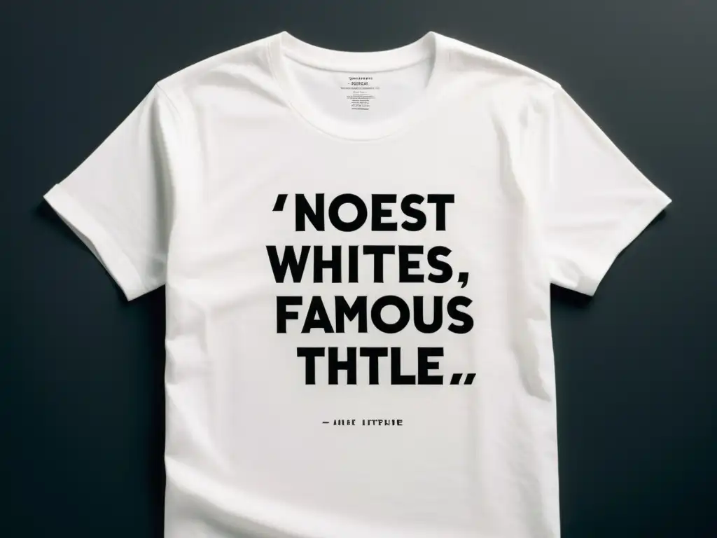 Camiseta literaria minimalista con una cita o título famoso en negro, doblada y elegante en superficie moderna