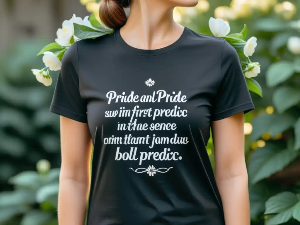 Camiseta literaria minimalista con frase de 'Orgullo y prejuicio' de Jane Austen rodeada de delicadas ilustraciones florales