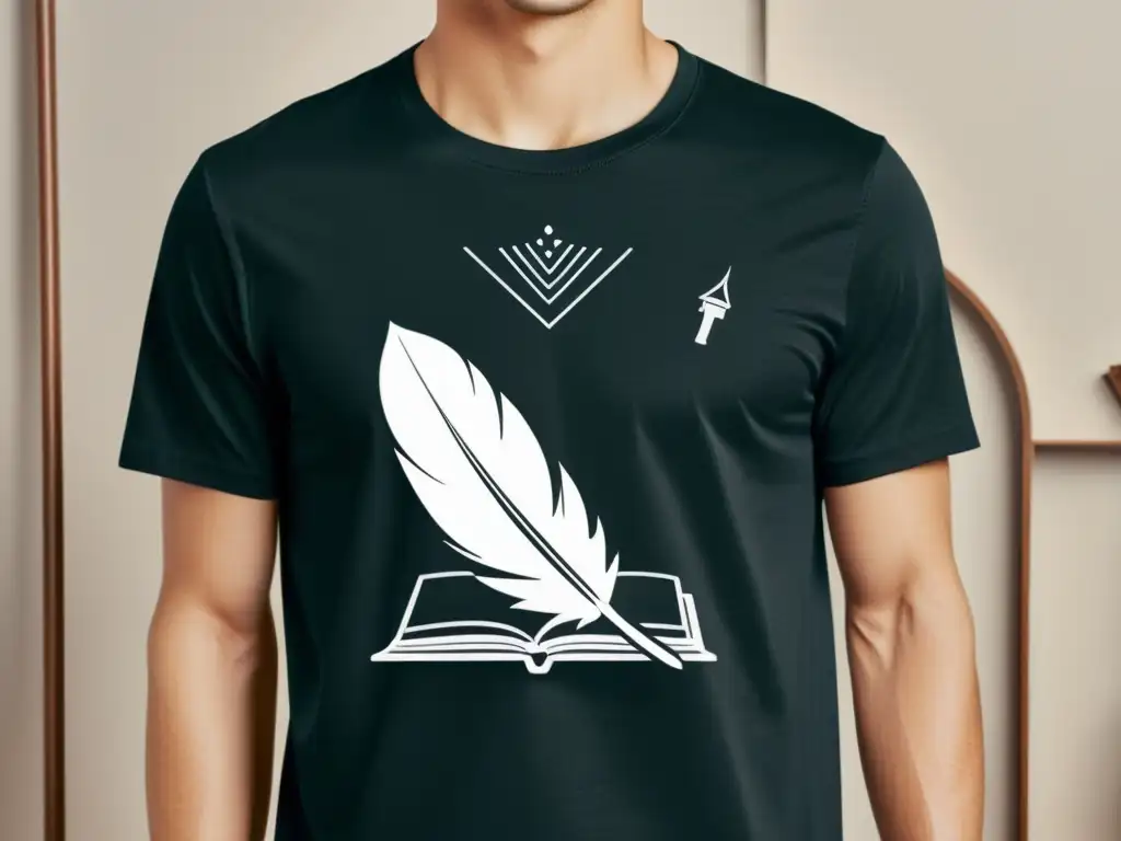 Una camiseta negra minimalista con un dibujo de pluma y tintero, rodeada de símbolos literarios