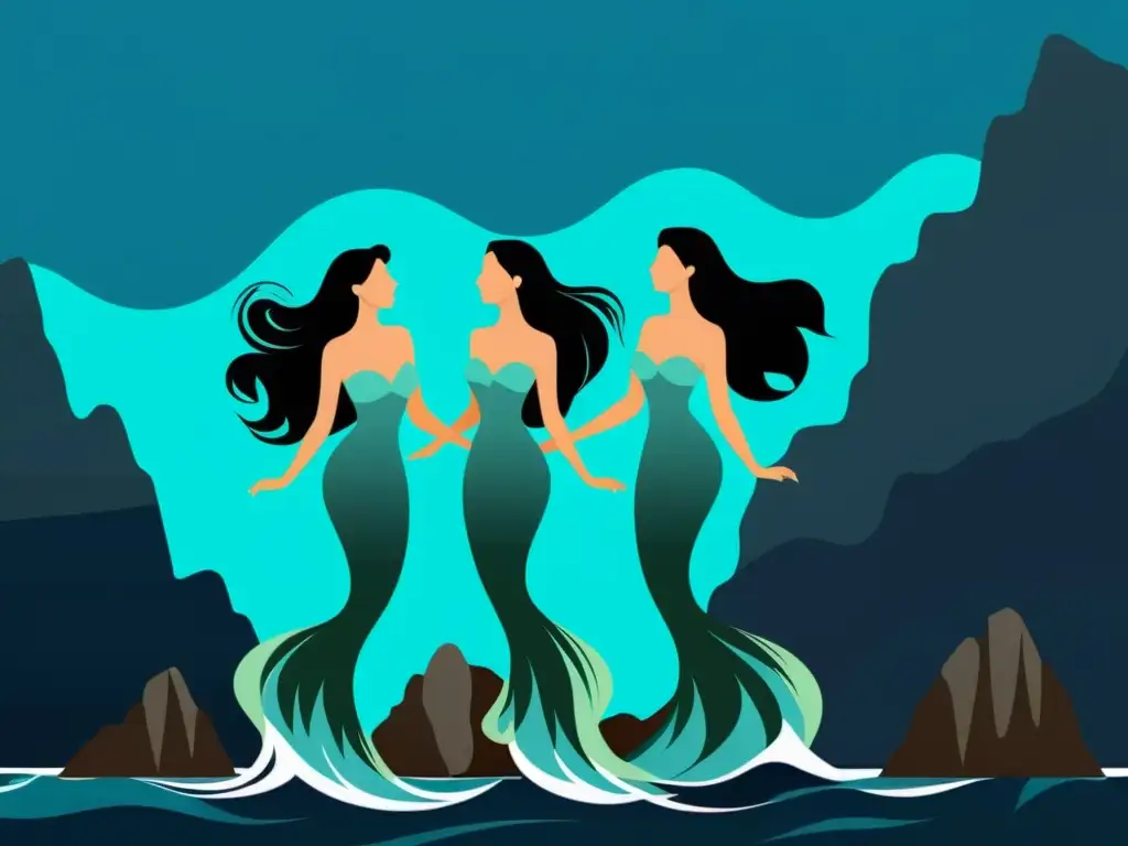 El canto de las sirenas: Tres serenas sirenas cantan en acantilados, sus colas brillan bajo la luna mientras el mar azul choca contra las rocas