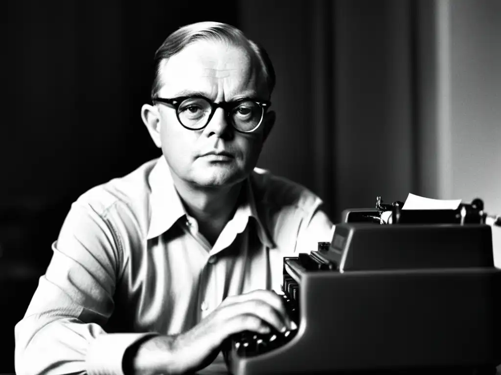 Truman Capote, autor de crónica periodística, concentrado en su máquina de escribir en una fotografía en blanco y negro